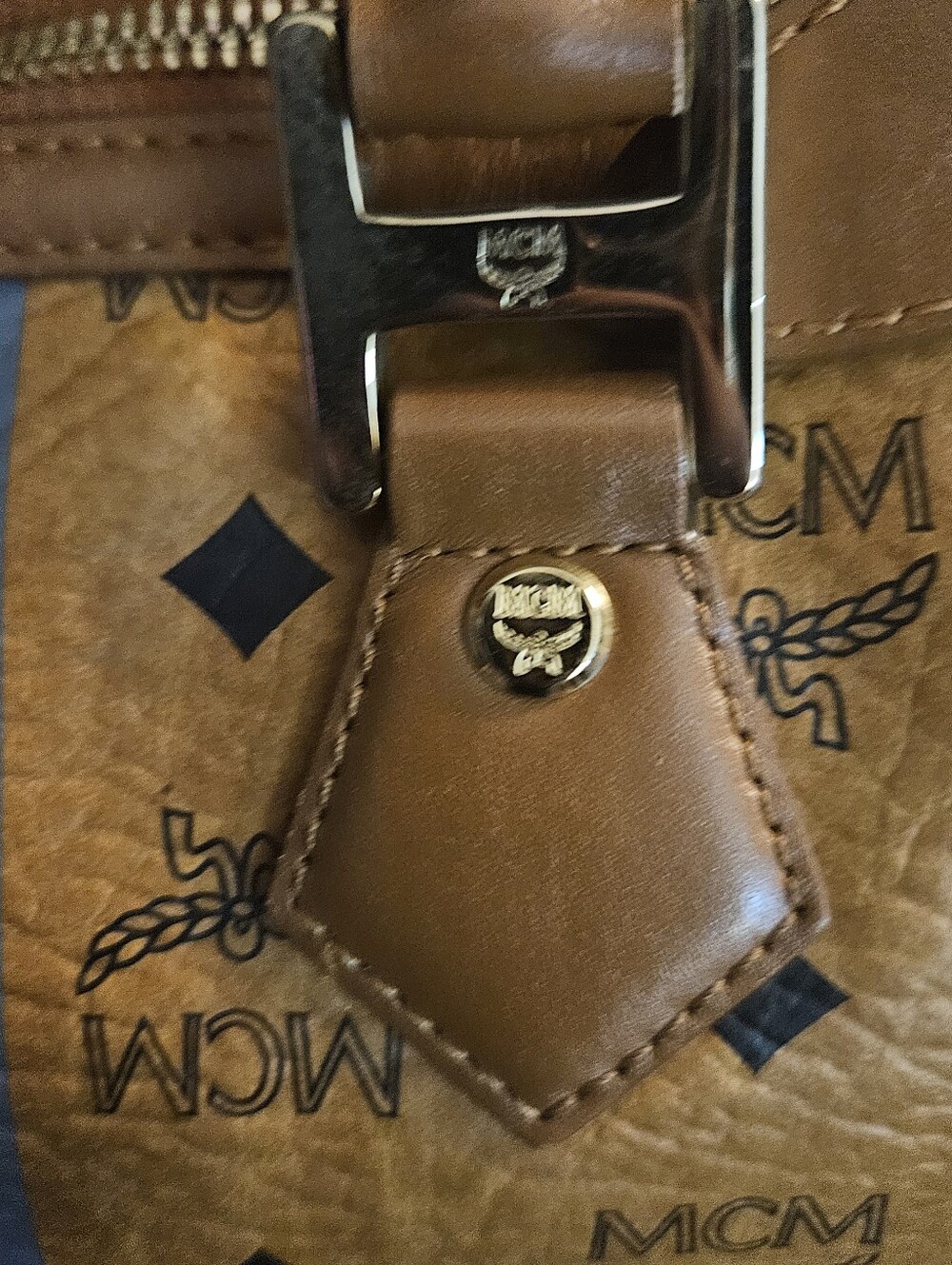 MCM Cognac Visetos Boston Satchel with Blue Stripe - Picture 9 of 9
